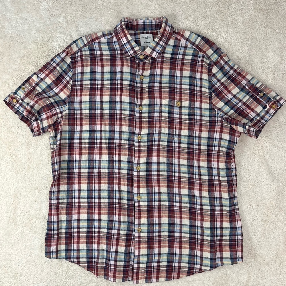 BAIRD MCNUTT Murano Linen Short Sleeve Blue/Red Plaid Button Down Shirt Size XL